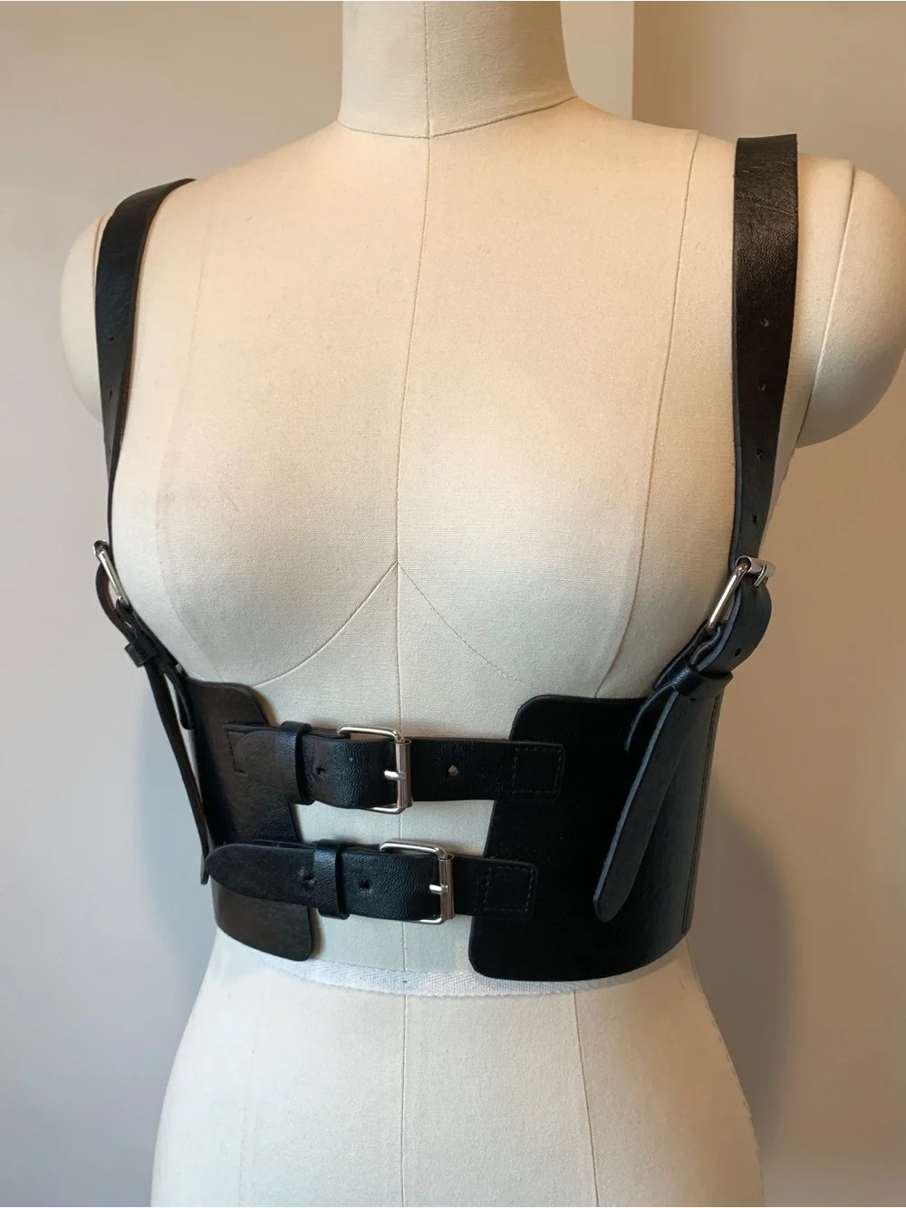 Black Leather Buckle Harness Belt Vest - Women's Accessory